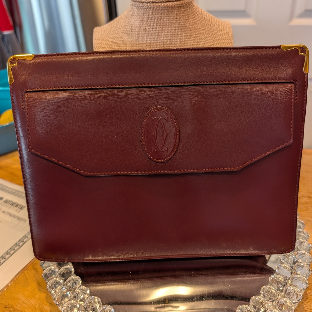 CARTIER Burgundy Bordeaux Leather Clutch w COA EUC